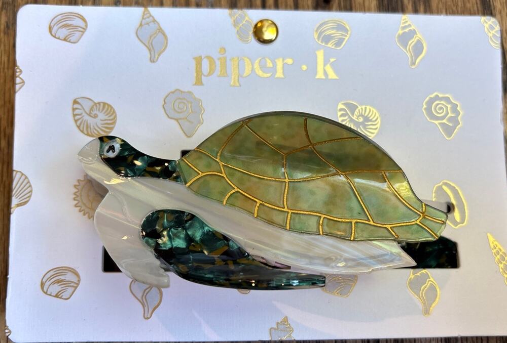 Piper K Sea Turtle Hair Clip Claw Aqua Green Blue Gold Mother of Pearl Style NEW